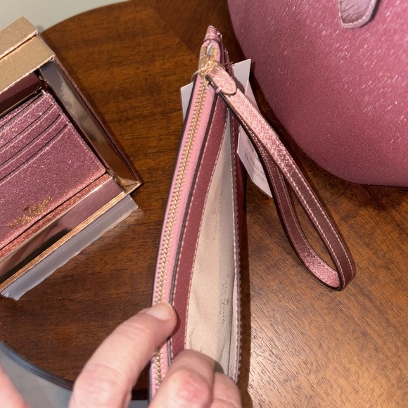 Kate Spade  Glitter mini tote  wristlet
Card holder  Mitten Pink 3 piece set NWT - Picture 16 of 17